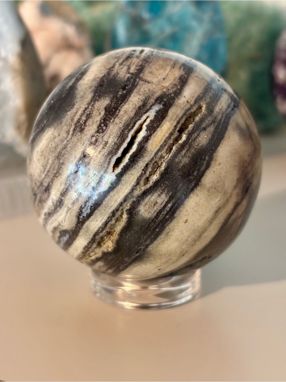 Zebra Ocean Jasper Crystal Sphere with Druzy Quartz, comes with stand, 300g